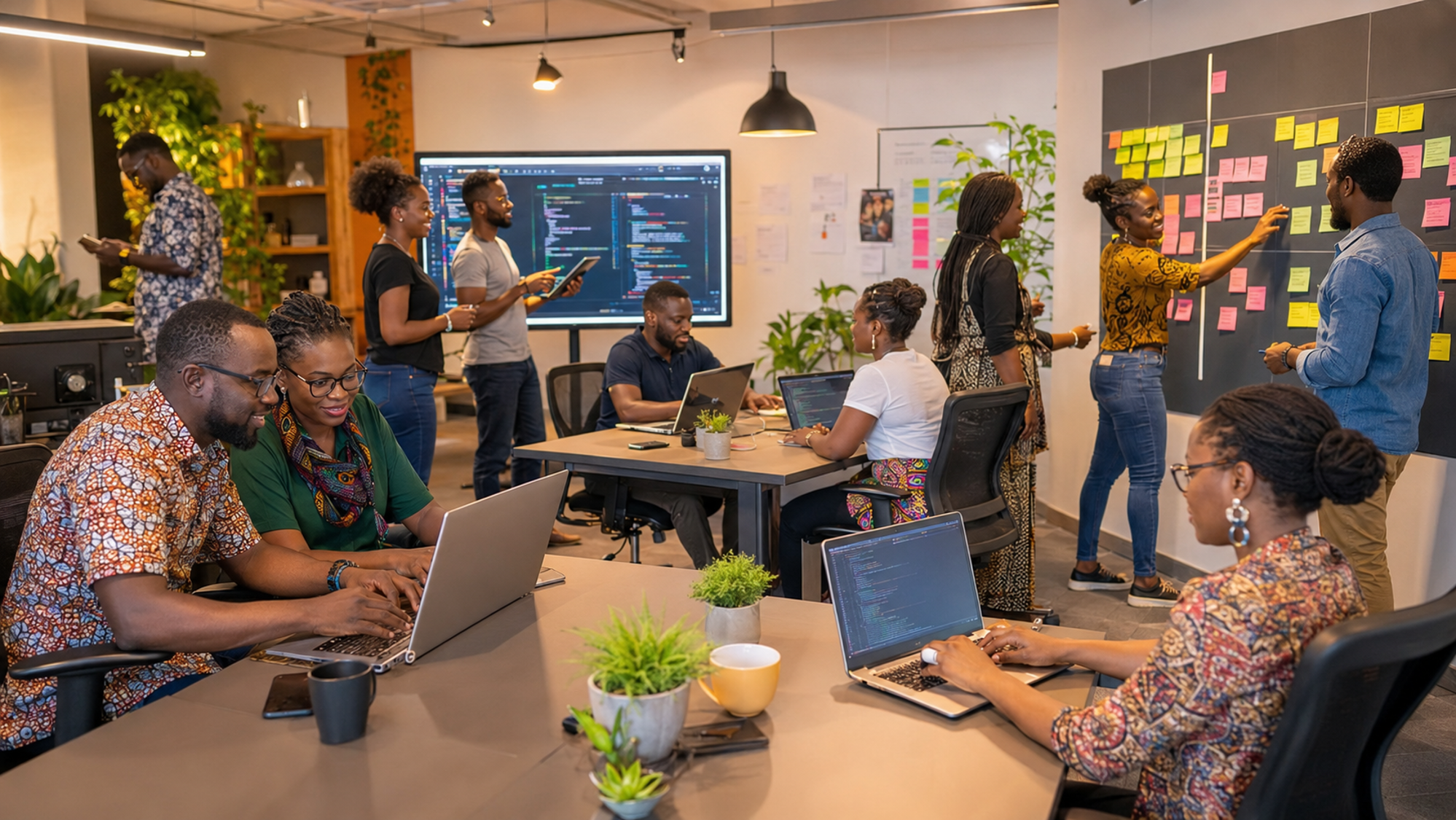 African technology and agility professionals collaborating in a modern studio
