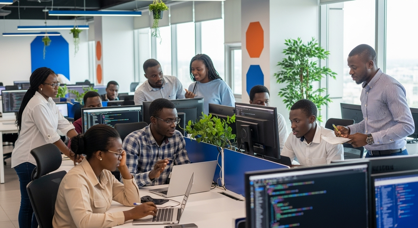 African engineers and transformation teams collaborating in an innovation studio